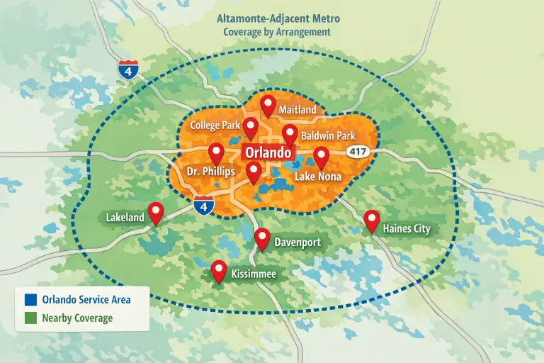 Map showing the Orlando service area for Angel Paws USA
